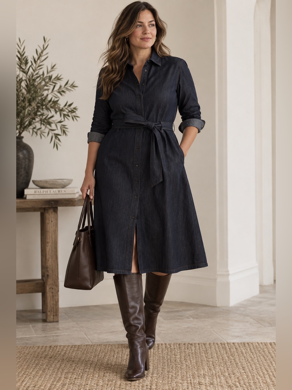NWT Lauren Ralph Lauren Denim Shirtdress Size 14 Dark Indigo Belted Midi Dress